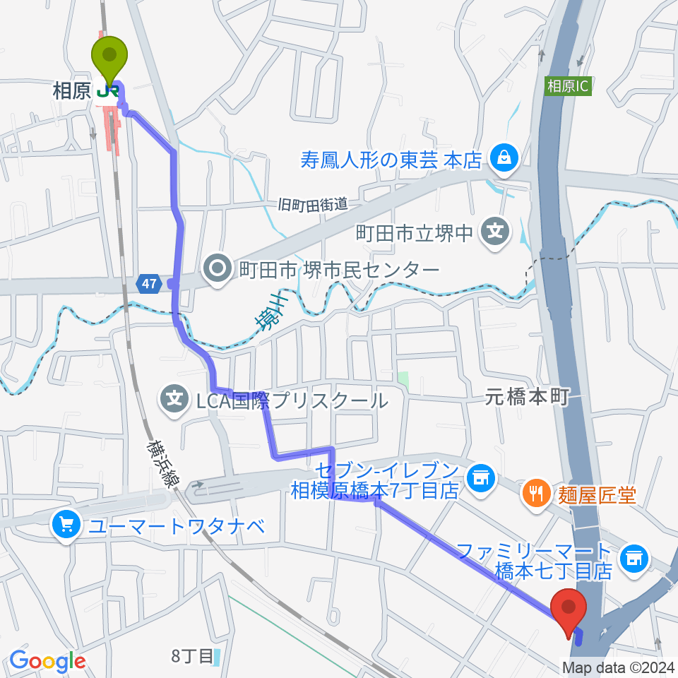 相原駅から牛久保ピアノへのルートマップ地図