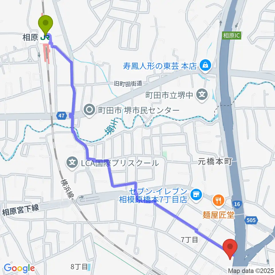 相原駅から牛久保ピアノへのルートマップ地図