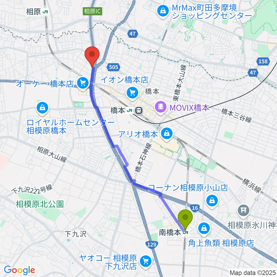 南橋本駅から牛久保ピアノへのルートマップ地図
