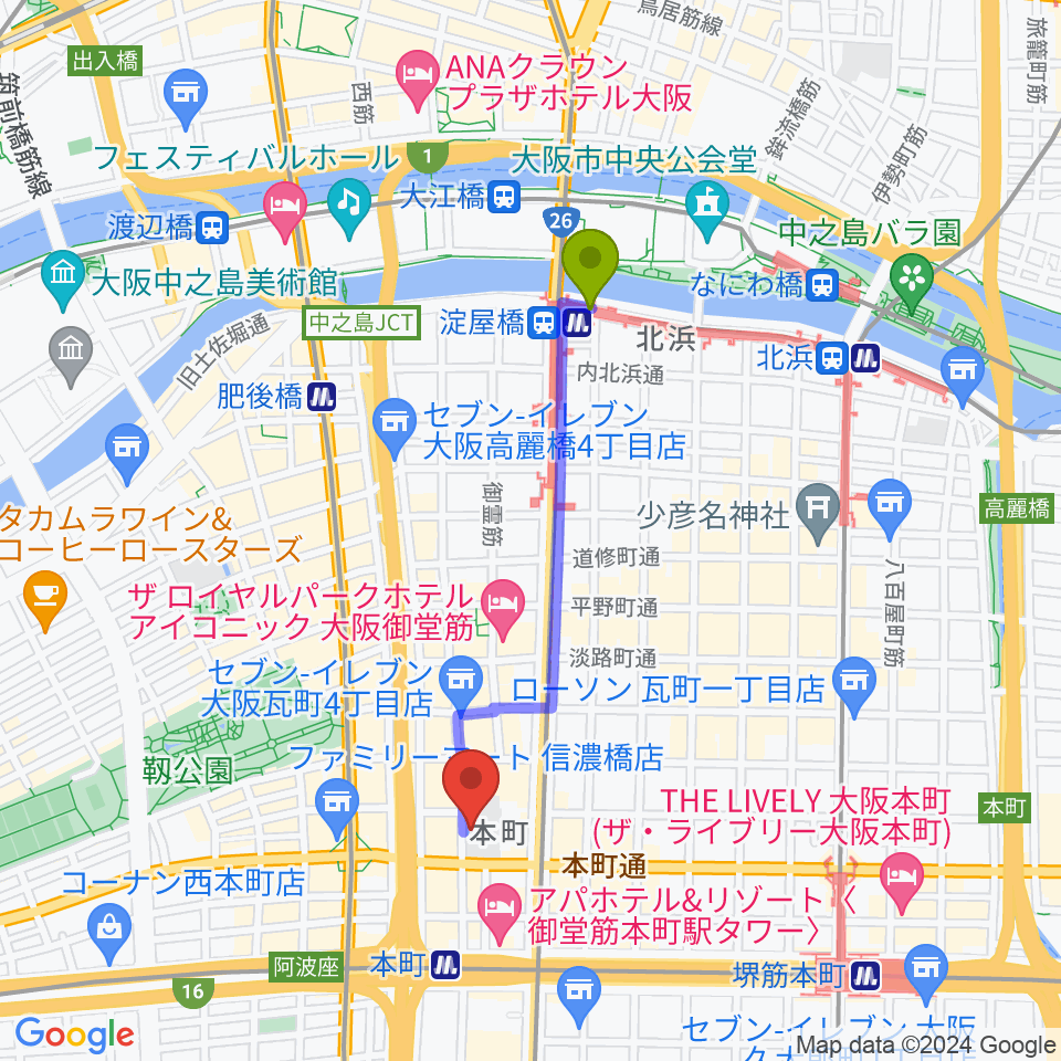 淀屋橋駅から相愛大学附属音楽教室へのルートマップ地図
