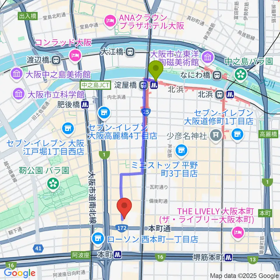 淀屋橋駅から相愛大学附属音楽教室へのルートマップ地図