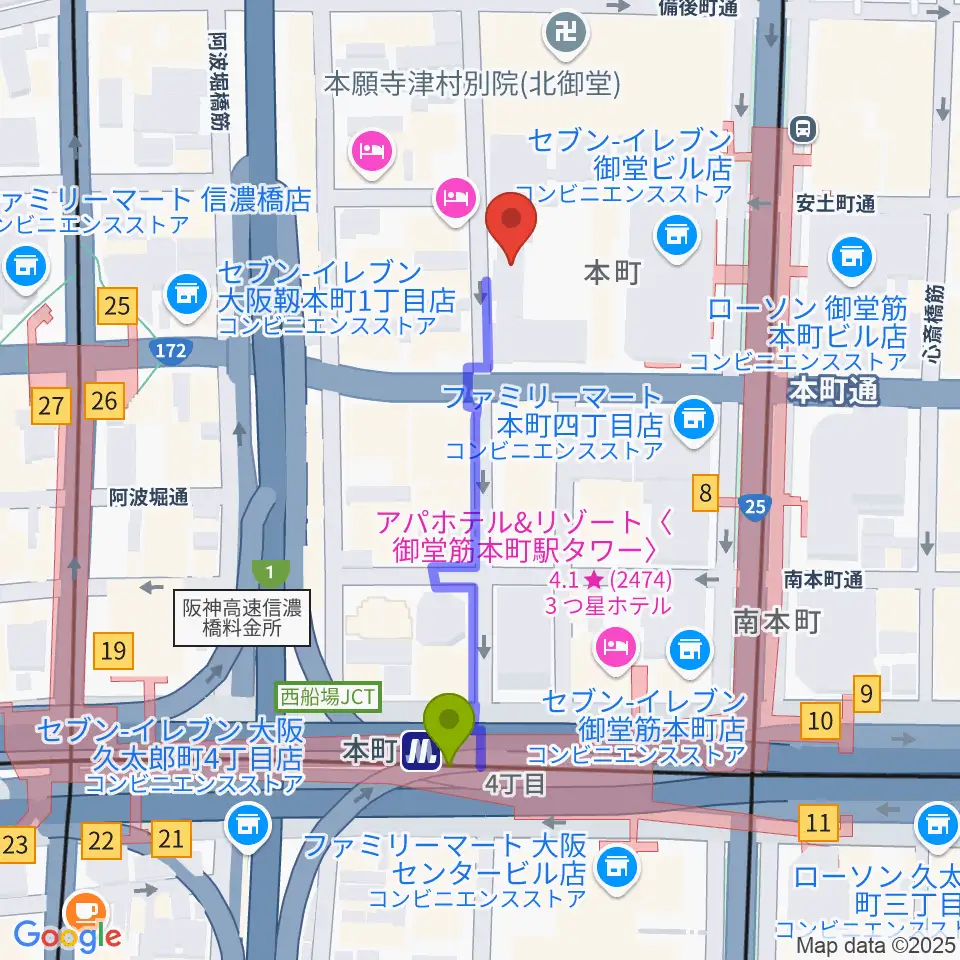 相愛大学附属音楽教室の最寄駅本町駅からの徒歩ルート（約4分）地図
