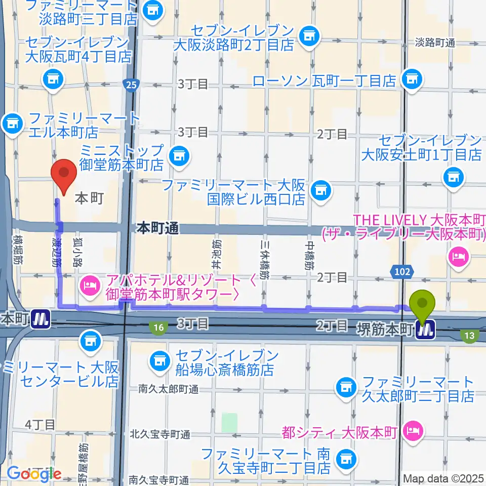 堺筋本町駅から相愛大学附属音楽教室へのルートマップ地図