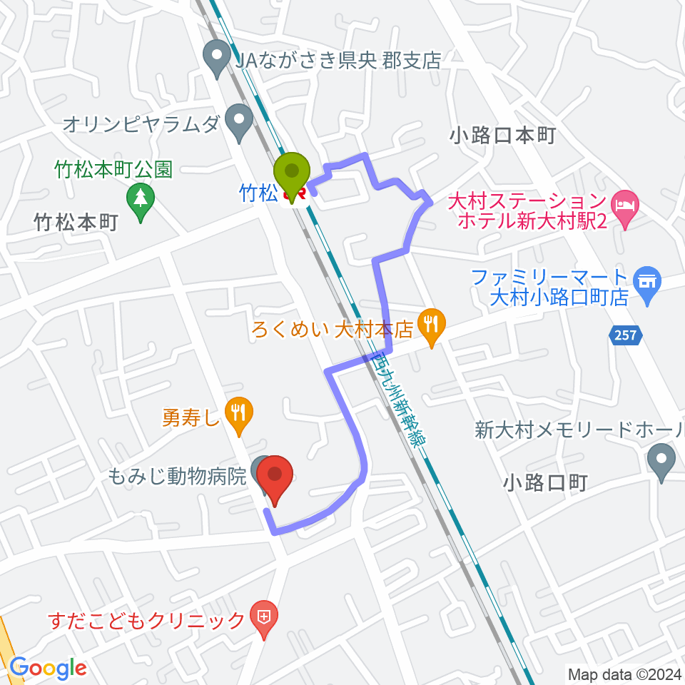 スタヂオギター教室の最寄駅竹松駅からの徒歩ルート（約7分）地図