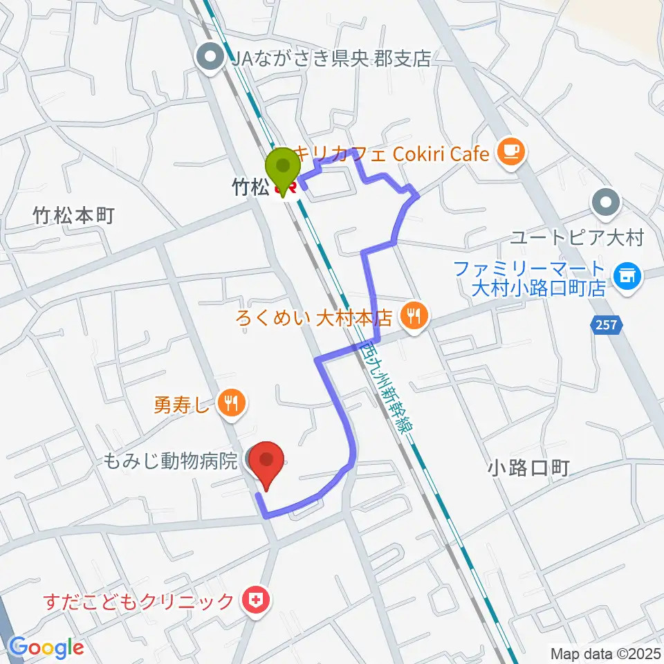 スタヂオギター教室の最寄駅竹松駅からの徒歩ルート（約7分）地図