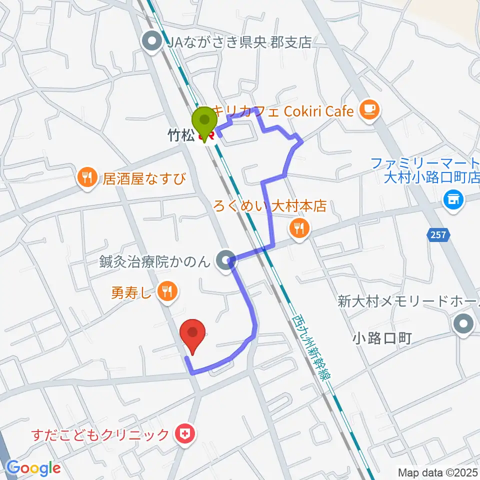 スタヂオギター教室の最寄駅竹松駅からの徒歩ルート（約7分）地図