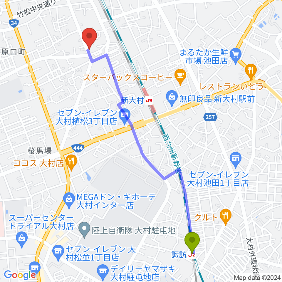 諏訪駅からスタヂオギター教室へのルートマップ地図