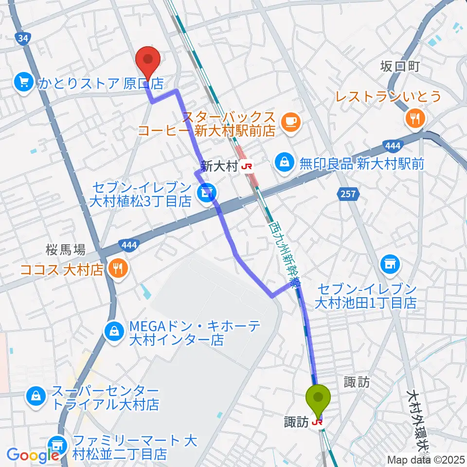 諏訪駅からスタヂオギター教室へのルートマップ地図