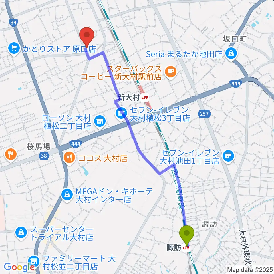 諏訪駅からスタヂオギター教室へのルートマップ地図