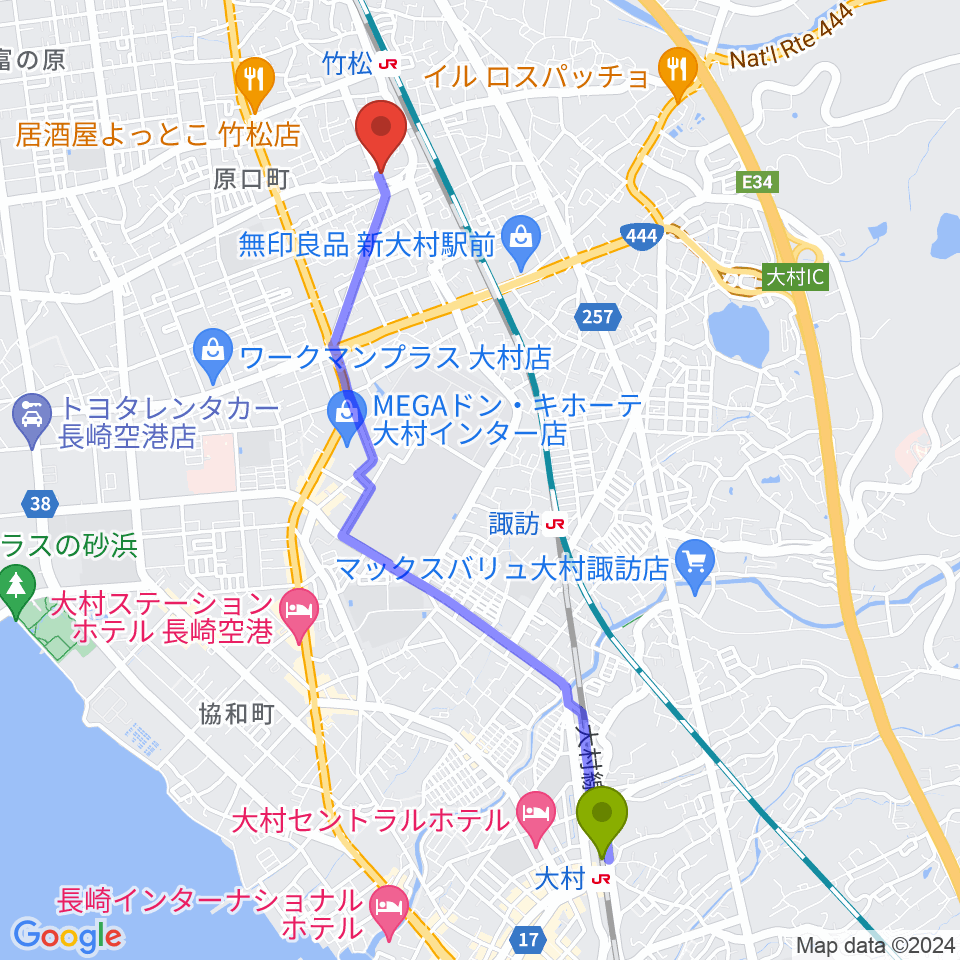 大村駅からスタヂオギター教室へのルートマップ地図