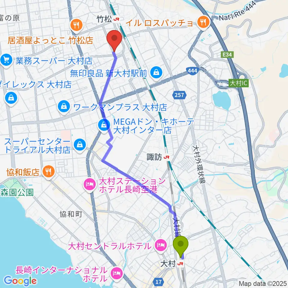 大村駅からスタヂオギター教室へのルートマップ地図