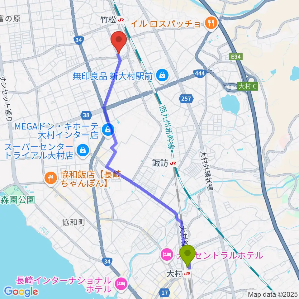 大村駅からスタヂオギター教室へのルートマップ地図