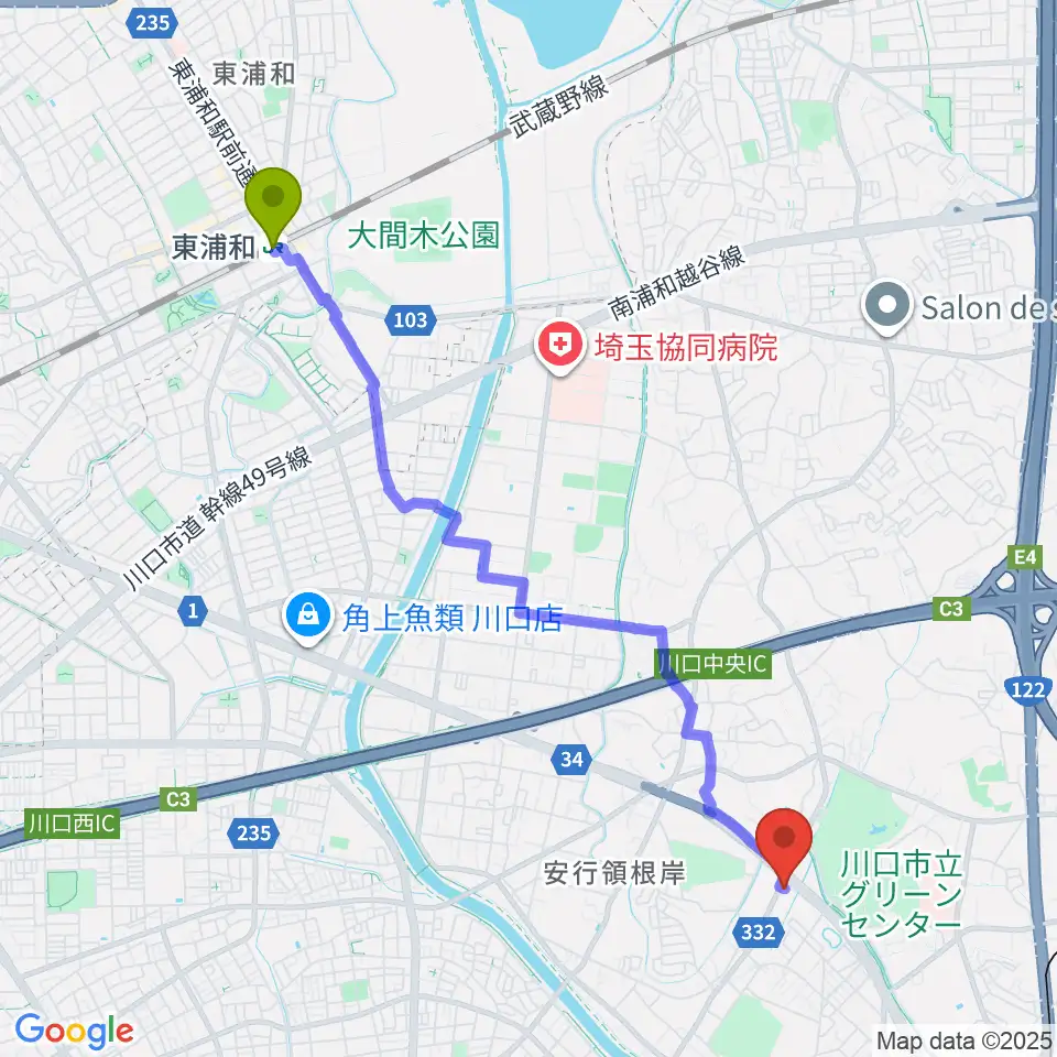 東浦和駅から齋藤楽器工房（SAITO GUITARS）へのルートマップ地図