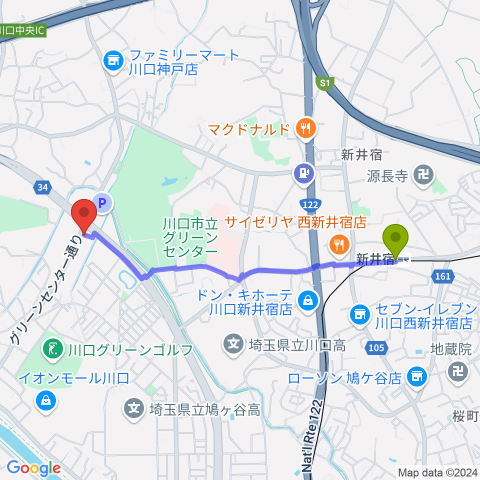 齋藤楽器工房（SAITO GUITARS）の最寄駅新井宿駅からの徒歩ルート（約20分）地図