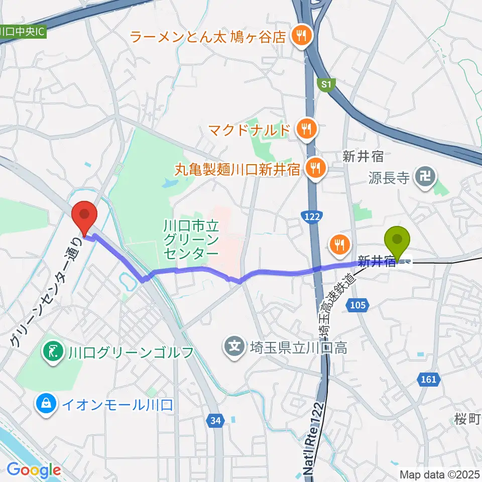 齋藤楽器工房（SAITO GUITARS）の最寄駅新井宿駅からの徒歩ルート（約20分）地図
