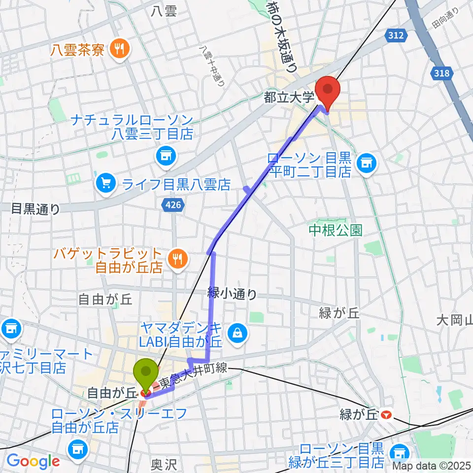 自由が丘駅から協葉ピアノ音楽教室へのルートマップ地図