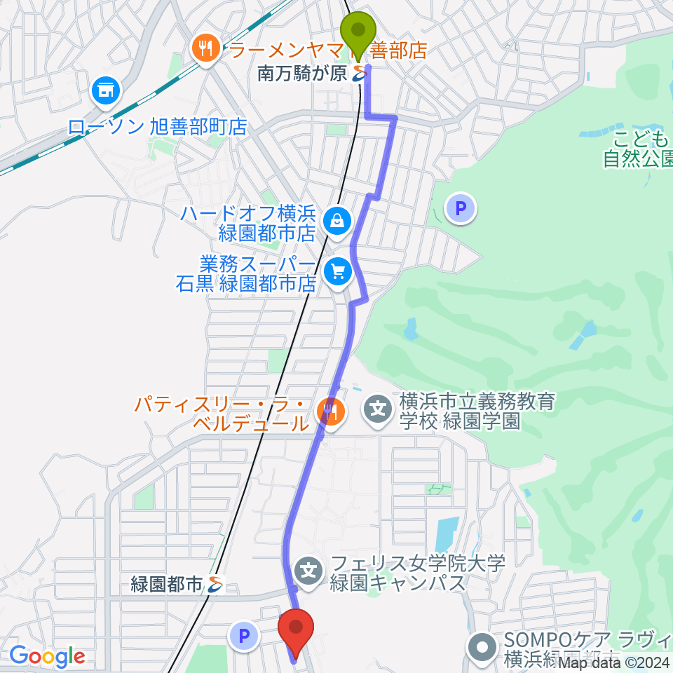 南万騎が原駅からピアノクリニックヨコヤマへのルートマップ地図