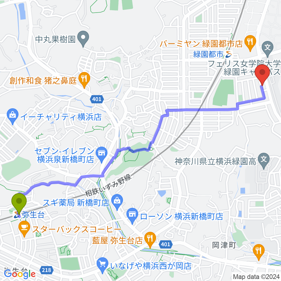 弥生台駅からピアノクリニックヨコヤマへのルートマップ地図