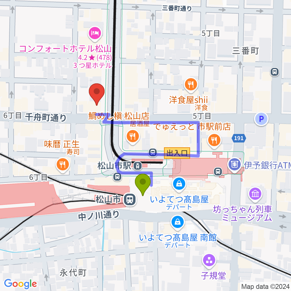 マツヤマ楽器 ミューズ音楽教室の最寄駅松山市駅からの徒歩ルート（約3分）地図