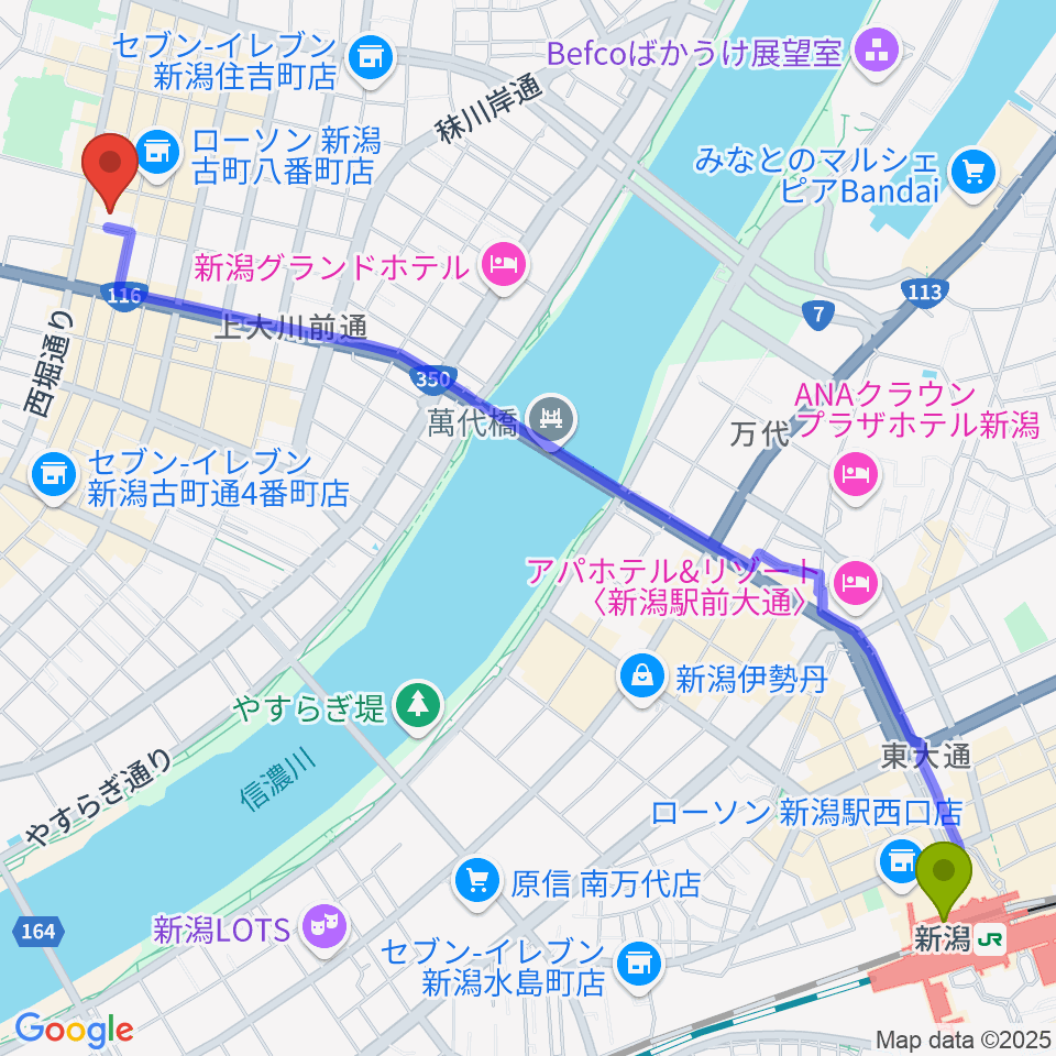 新潟駅から国際音楽・ダンス・エンタテイメント専門学校へのルートマップ地図