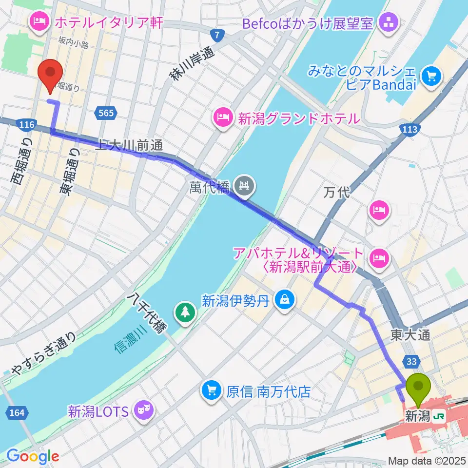新潟駅から国際音楽・ダンス・エンタテイメント専門学校へのルートマップ地図