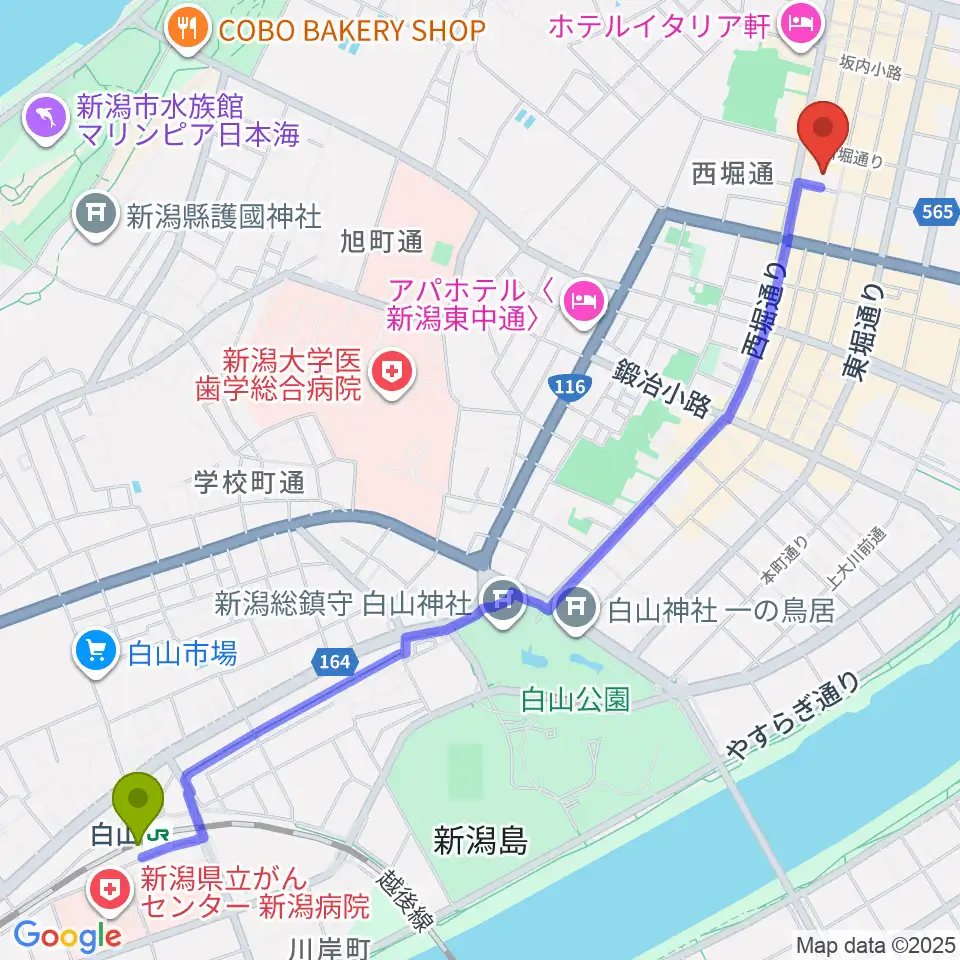 国際音楽・ダンス・エンタテイメント専門学校の最寄駅白山駅からの徒歩ルート（約30分）地図
