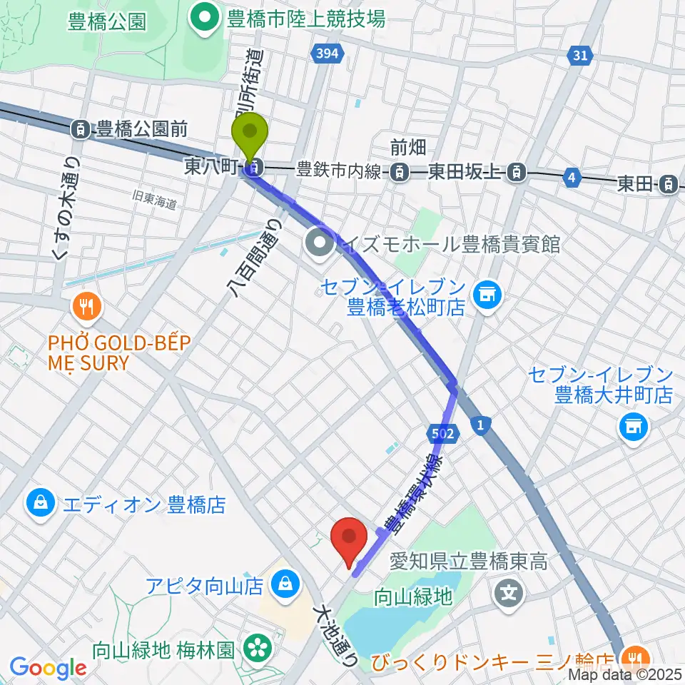 東八町駅から音楽創生ピアノフォルテへのルートマップ地図