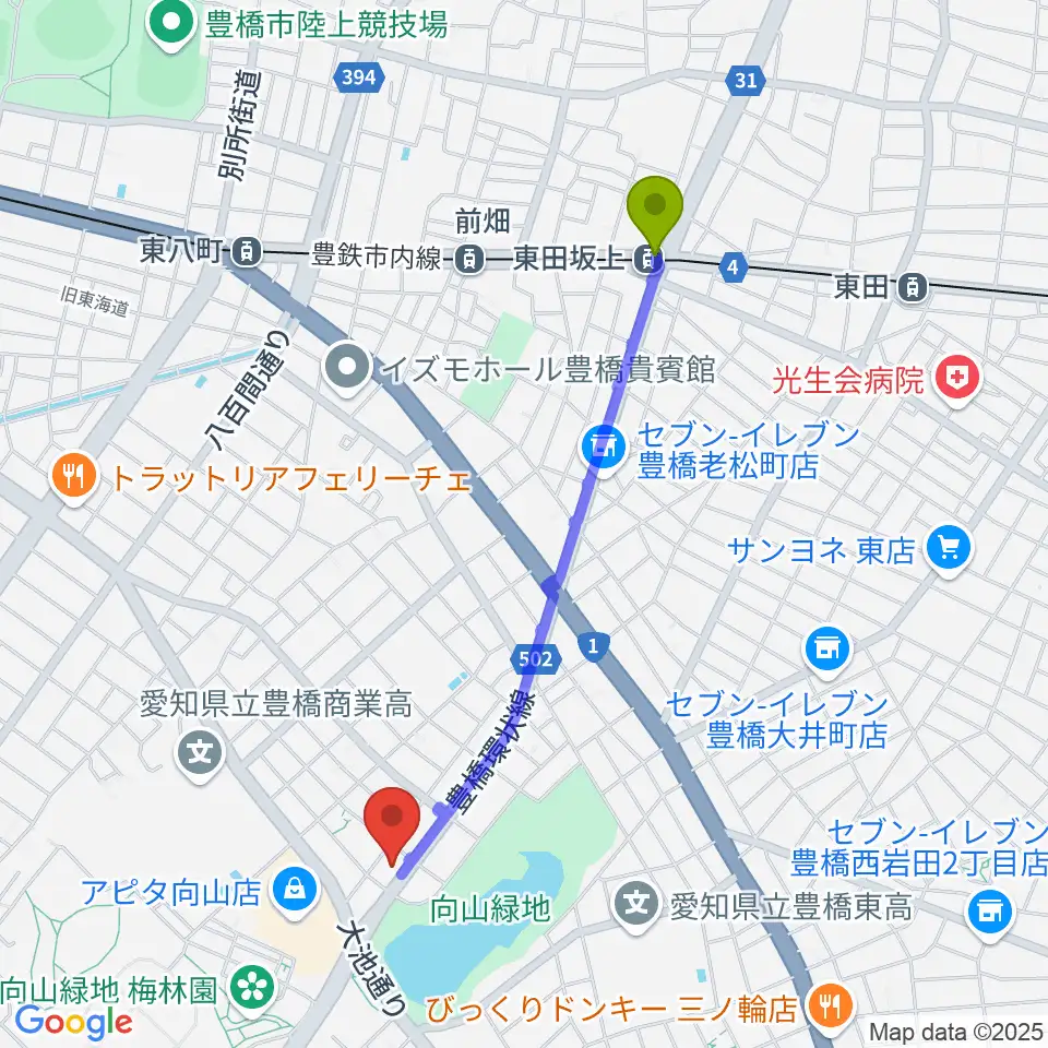 東田坂上駅から音楽創生ピアノフォルテへのルートマップ地図