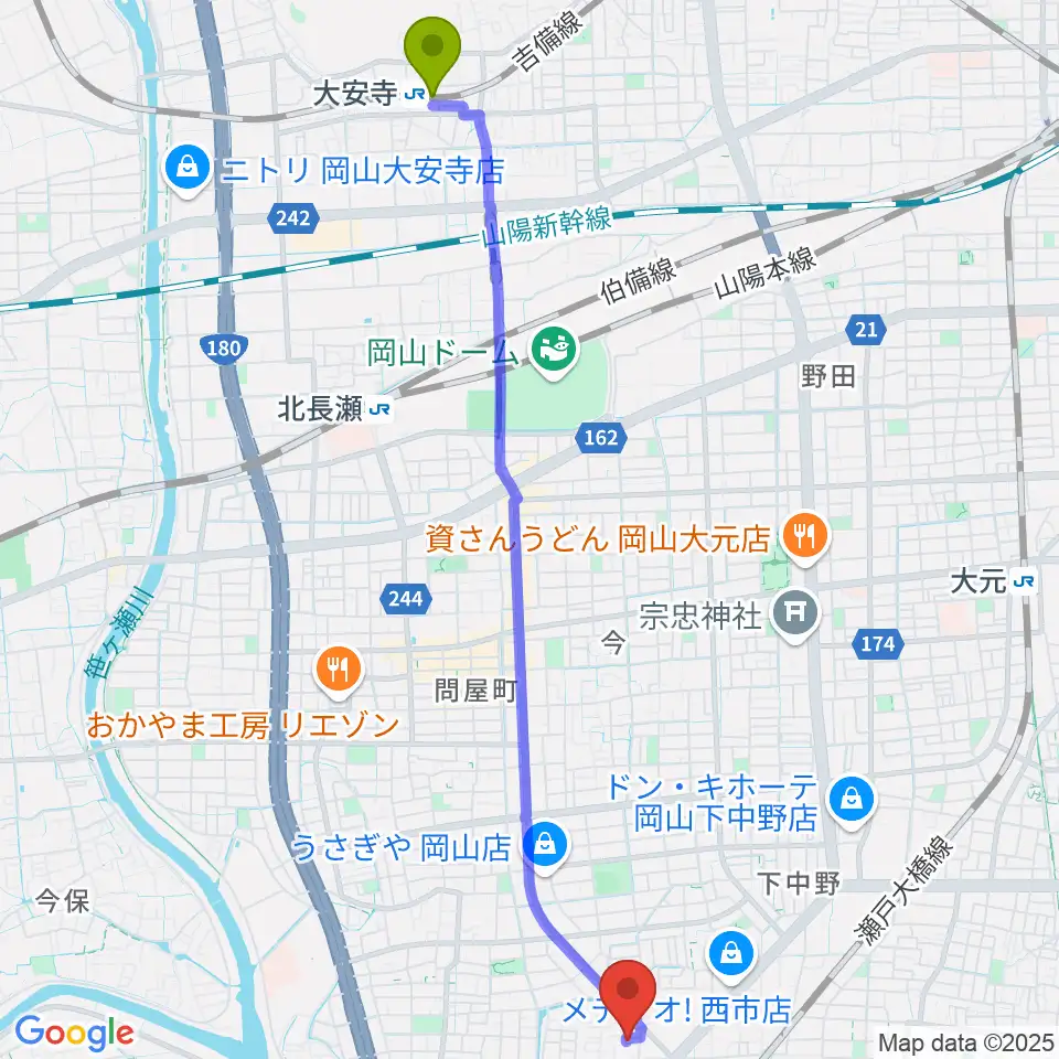 大安寺駅からアマービレ音楽院へのルートマップ地図