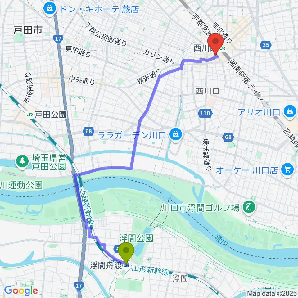 浮間舟渡駅からエムズパーカッションラボへのルートマップ地図