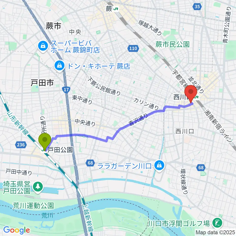 戸田公園駅からエムズパーカッションラボへのルートマップ地図