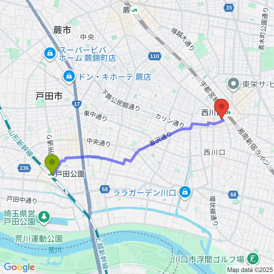 戸田公園駅からエムズパーカッションラボへのルートマップ地図