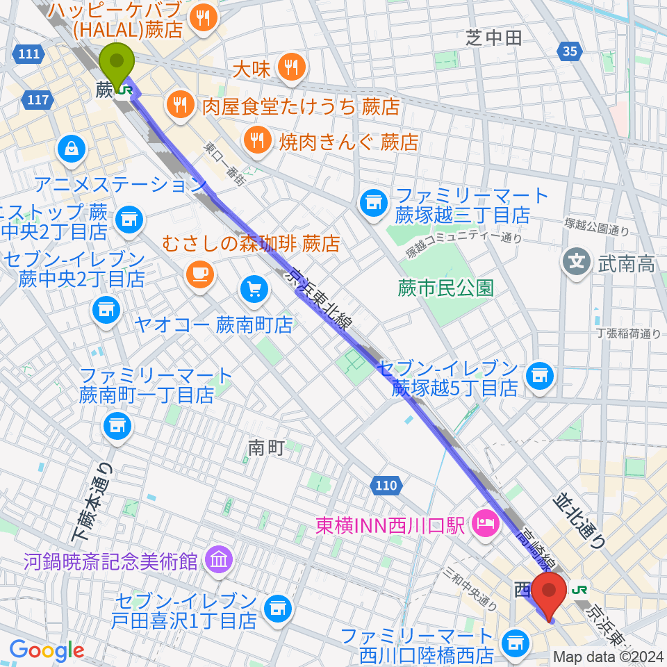 蕨駅からエムズパーカッションラボへのルートマップ地図