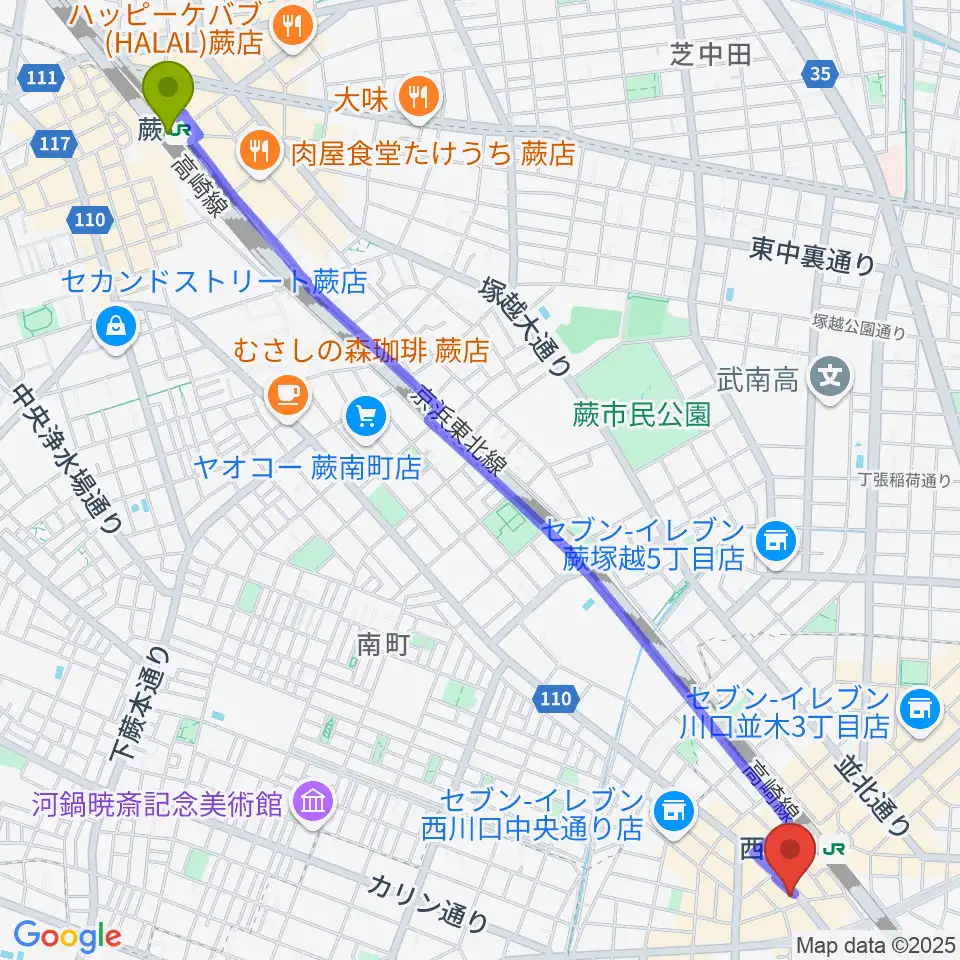 蕨駅からエムズパーカッションラボへのルートマップ地図