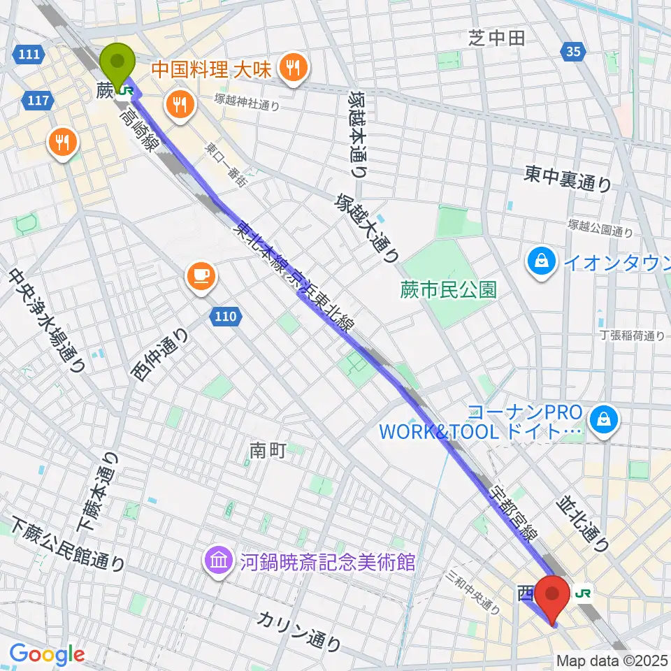 蕨駅からエムズパーカッションラボへのルートマップ地図