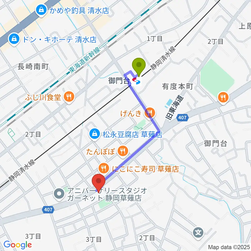 もちづき楽器 静岡草薙店の最寄駅御門台駅からの徒歩ルート（約8分）地図