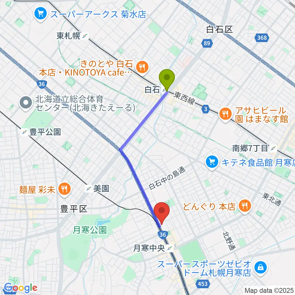 白石駅からライズ音楽院へのルートマップ地図