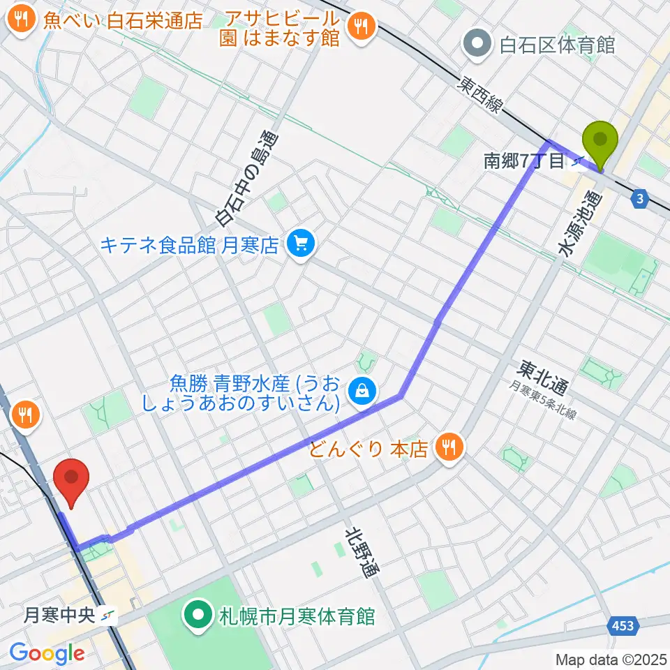 南郷７丁目駅からライズ音楽院へのルートマップ地図