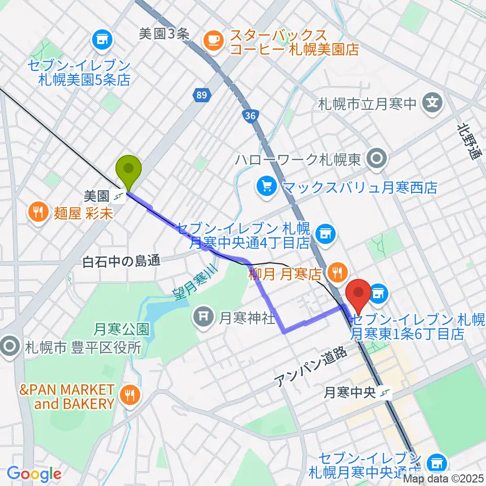 美園駅からライズ音楽院へのルートマップ地図