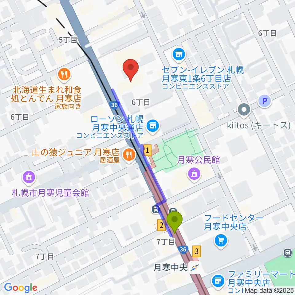 ライズ音楽院の最寄駅月寒中央駅からの徒歩ルート（約4分）地図