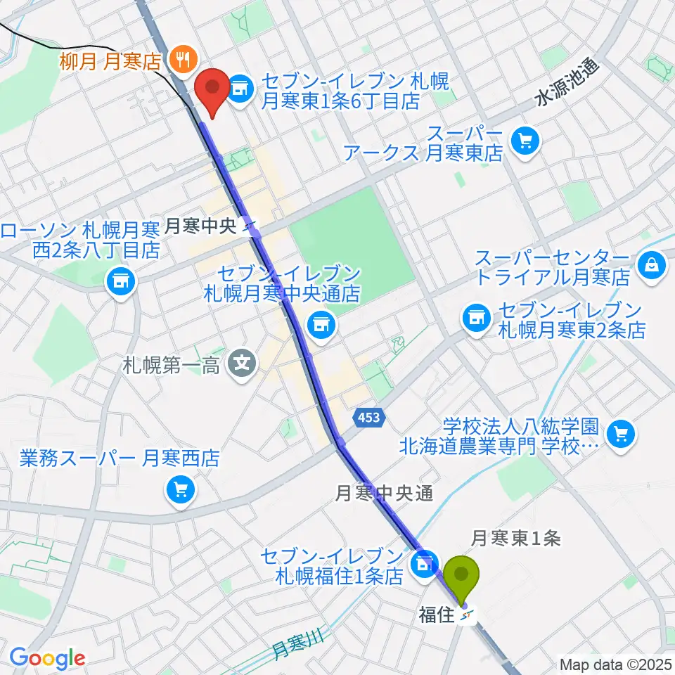 福住駅からライズ音楽院へのルートマップ地図