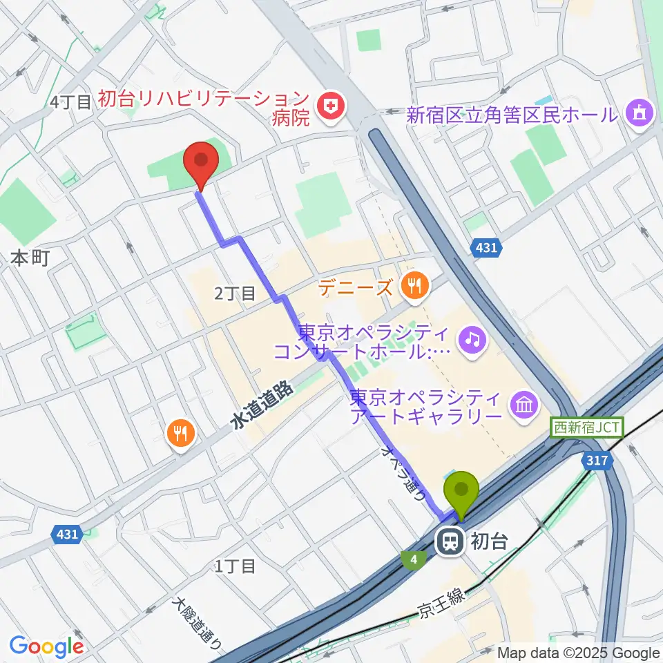 初台駅から中川ピアノ教室 渋谷校へのルートマップ地図