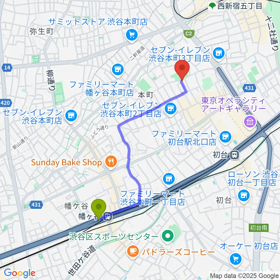 幡ヶ谷駅から中川ピアノ教室 渋谷校へのルートマップ地図
