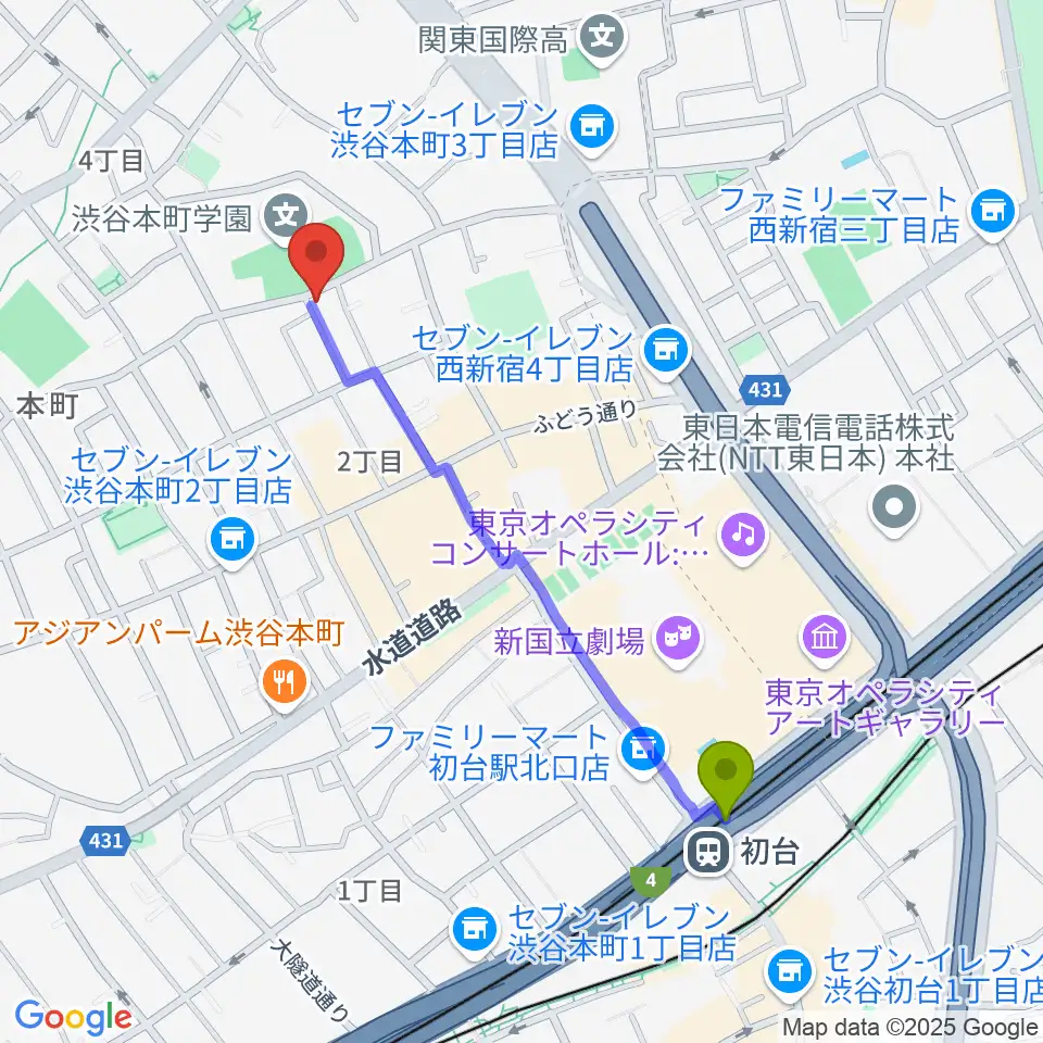 初台駅から中川ピアノ教室 渋谷校へのルートマップ地図
