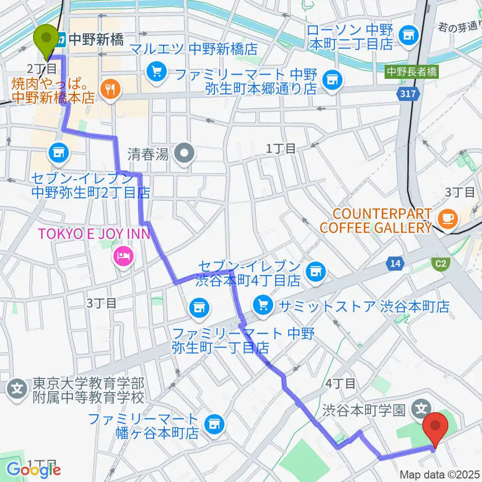 中野新橋駅から中川ピアノ教室 渋谷校へのルートマップ地図