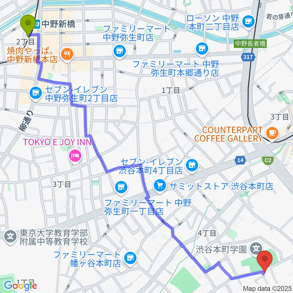 中野新橋駅から中川ピアノ教室 渋谷校へのルートマップ地図