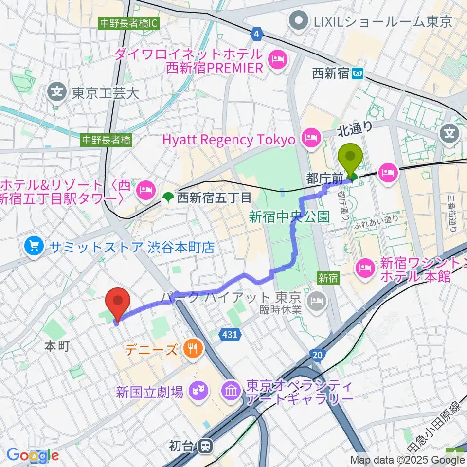 都庁前駅から中川ピアノ教室 渋谷校へのルートマップ地図