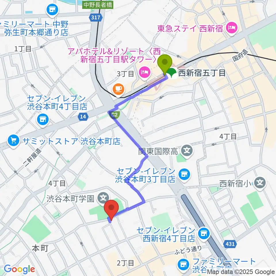 中川ピアノ教室 渋谷校の最寄駅西新宿五丁目駅からの徒歩ルート（約9分）地図