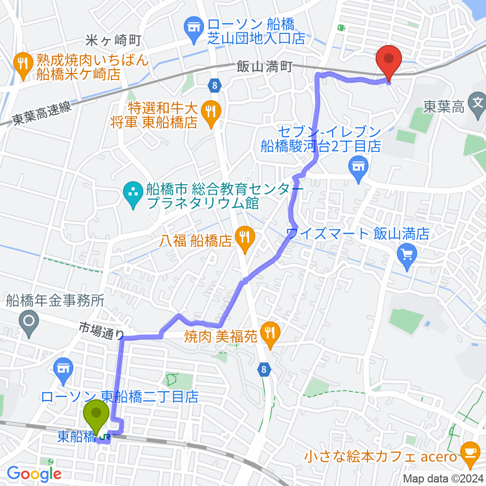 東船橋駅から音楽空間SOLAへのルートマップ地図