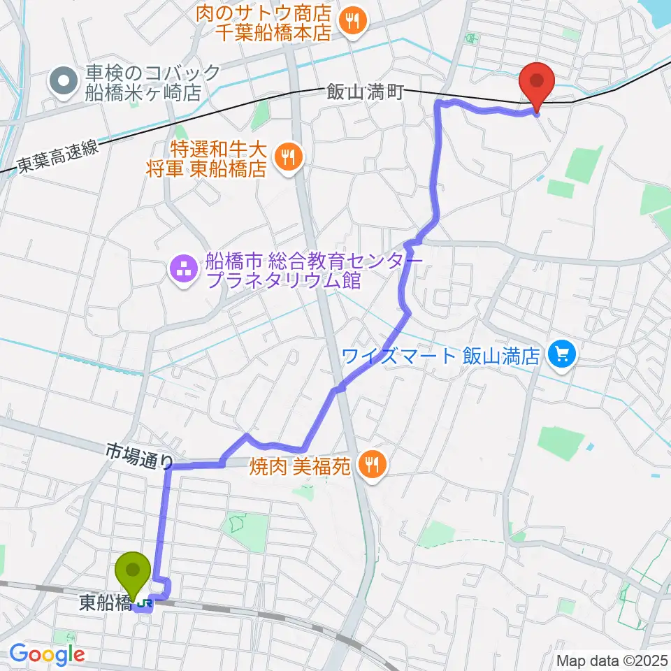 東船橋駅から音楽空間SOLAへのルートマップ地図
